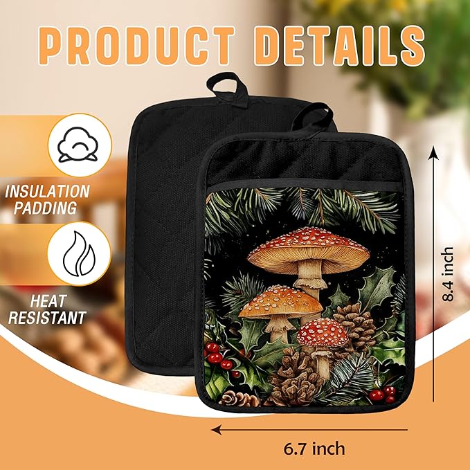 Dark Cottagecore Mushroom Pot Holders with Pockets, Vintage Botanical Floral Forest Mushroom Cottage Core Oven Pot Holders Heat Resistant Oven Mitts Hot Pads for Kitchen Baking Cooking
