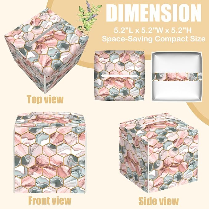 BLYKVGHQ Abstract Geometric Square Tissue Box Cover Pink and Gray Hexagon Tissue Box Holder Facial Cube Paper Dispenser Leather Decorative Organizer Home Office Desk Decor, 5.2"x5.2"x5.2"