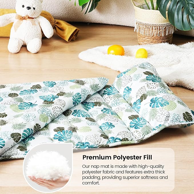 david's kids Toddler Nap Mat Set with Removable Pillow, Ultra Soft Slumber Bags for Boys Girls，Perfect for Preschool, Daycare, Kids Sleeping Bags with Rollup Design, 50"x20", Leaf
