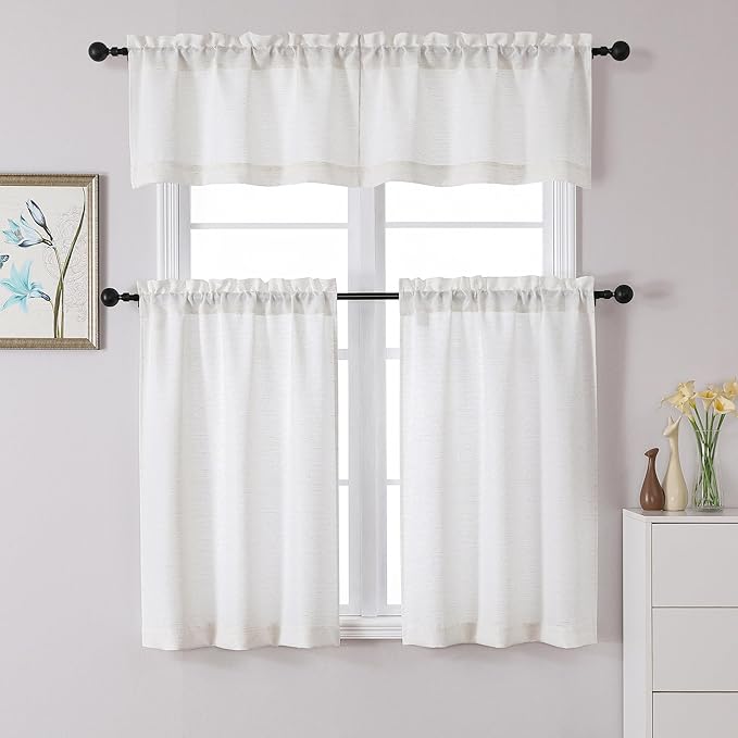 Lecloud Bessie Valance for Windows 14 Inch Length 2 Pcs, Light Filtering Faux Linen Cafe Kitchen Window Curtains with Rod Pocket, Curtains for Bedroom Bathroom, Each 30 W x 14 L, Natural