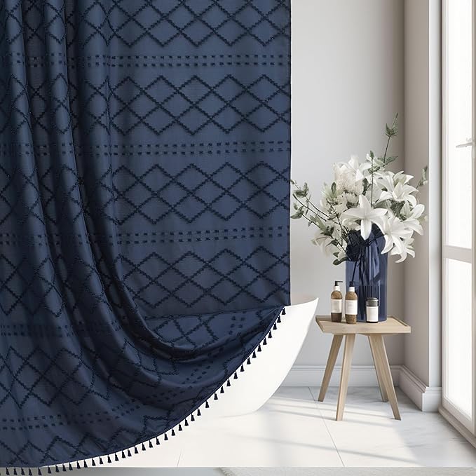 Siiluminisoy Extra Long Navy Blue Boho Shower Curtain Woven Fabric Farmhouse 96 Inch Curtain, 72 x Tufted Chevron Textured Striped Modern Minimalist Cloth Set with Hooks for Bathroom