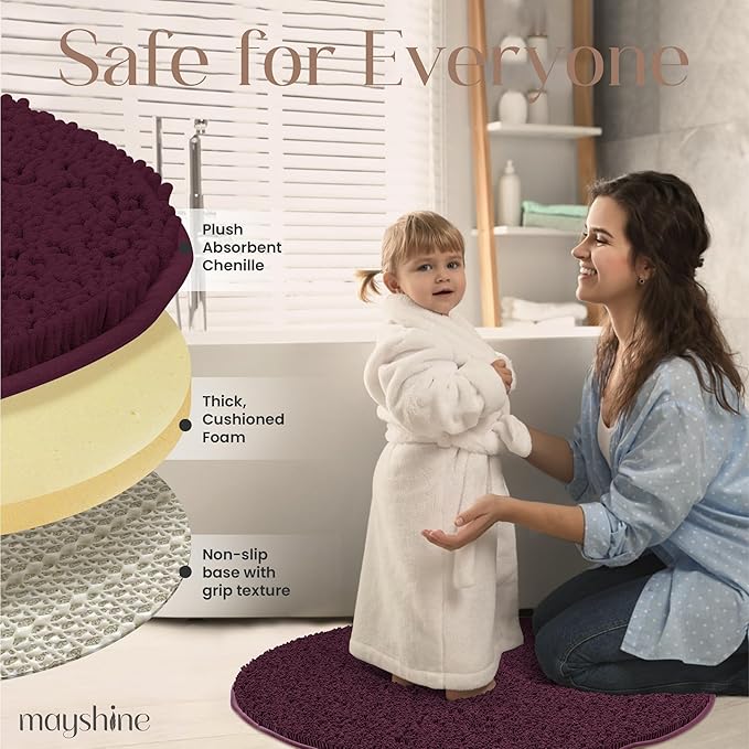 MAYSHINE Round Area Rug Set for Bathroom | Soft Plush Chenille Bath Mat, Water Absorbent Non-Slip Bathroom Rug | Washable Shag Carpet for Shower, Bedroom, or Home Décor | 36"x36" Round | Burgundy