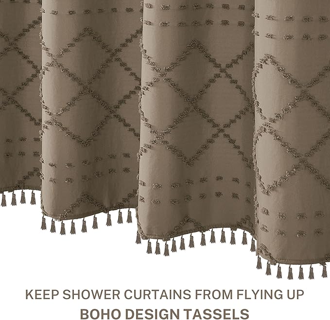 Siiluminisoy Extra Long Boho Farmhouse Shower Curtain - Woven Fabric Khaki 84 Inch, 72 x 84 Tufted Chevron Textured Striped Modern Minimalist Cloth for Bathroom