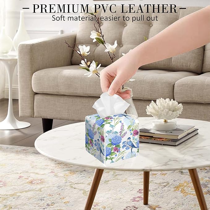 POIUBLE Leather Tissue Box Holder Bird with Blue Hydrangea Tissue Box Cover Square Waterproof Tissue Holder Organizer Modern Napkin Holder for Bedroom Dresser Night Stand Office Desk