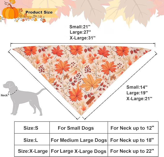 ADOGGYGO Fall Dog Bandana, Pumpkin Maple Leaf Autumn Thanksgiving Pet Scarf, Adjustable Fit Fall Bandanas for X-Large Dogs Pets (X-Large)