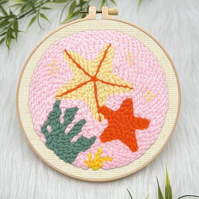 ERKOON Punch Needle Kit Adults Beginners, DIY Easy Sea Animals Embroidery Set for Starter Art Craft, Needling Punch Project with Patterns, Tools, Yarns, Hoop, Instruction (Starfish)