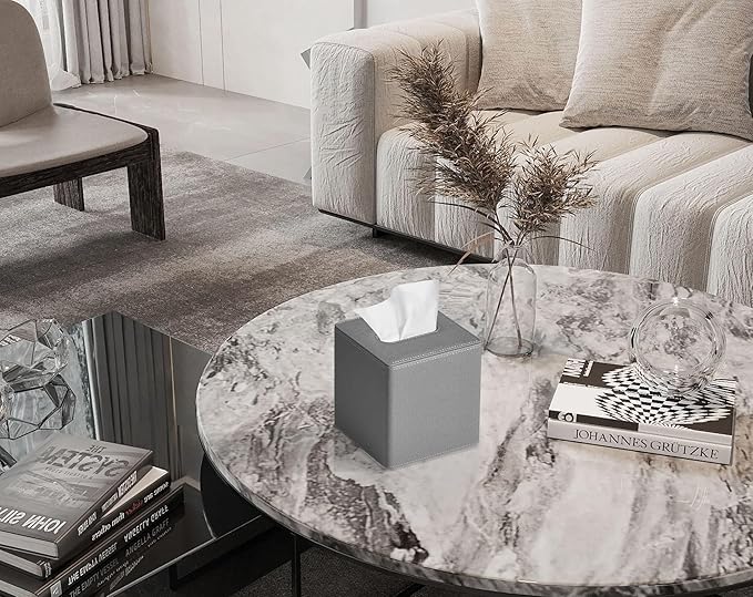 GOLRANLYE Tissue Box Cover Square PU Leather Facial Tissue Box Holder for Dresser Bathroom Decor (Linen Grey)