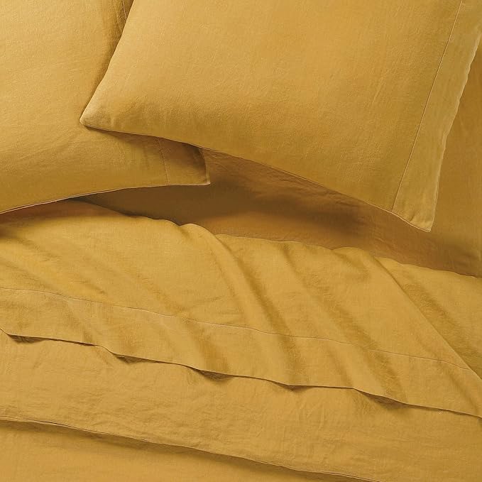 Sijo Stone Washed Organic French Linen Bed Sheet Set, GOTS Certified Organic, Best Cooling Linen Sheet Award by Sleep Foundation, 4 Piece - 2 Pillowcases, 1 Fitted and 1 Flat (Turmeric, Full)