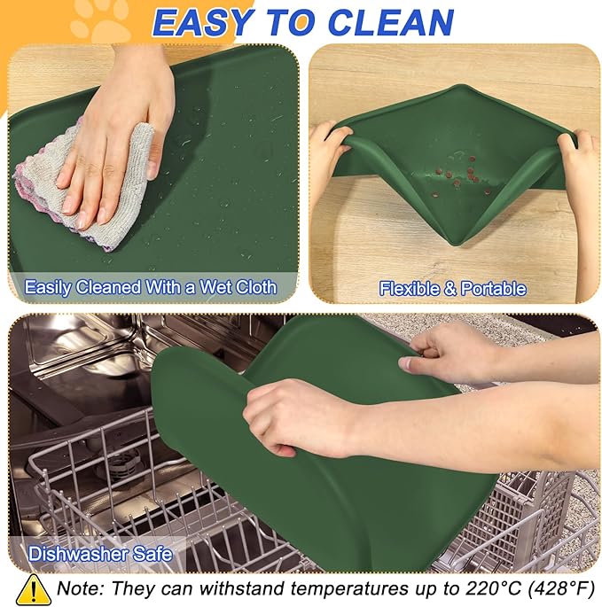 SMILOOL Silicone Pet Feeding Mat with Raised Edge for Food and Water, Dog Bowl Mats, Cat Bowls Placemat with High Lip for Floor Waterproof, Rubber Tray for Cats and Dogs 19 x 12 x0.7 Dark Olive