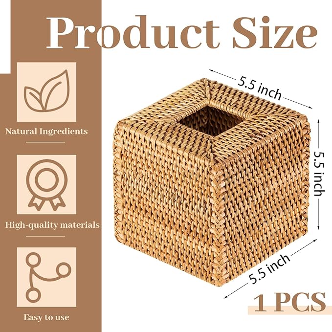 Kigley 1 Pcs Square Rattan Tissue Box Cover Boho Wicker Tissue Cube Box Cover 5.5'' x 5.5'' x 5.5'' Decorative Natural Wicker Hand Woven Napkin Box Holder Bathroom Office Car Accessories (Wood)