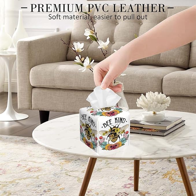 POIUBLE Tissue Box Holder Honey Bee and Flowers Tissue Box Cover Square Leather Tissue Holder Organizer Portable Decorative Facial Paper Case for Home Office Bathroom Vanity Countertop