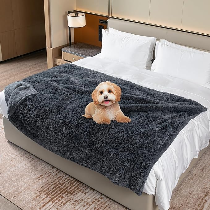 Wowchine Waterproof Dog Calming Blanket 40x28in Gray Pet Throw Blankets for Dogs Cats Fluffy Long Faux Fur Puppy Couch Cover Reversible Love Bed Mat Washable(Gray,S)