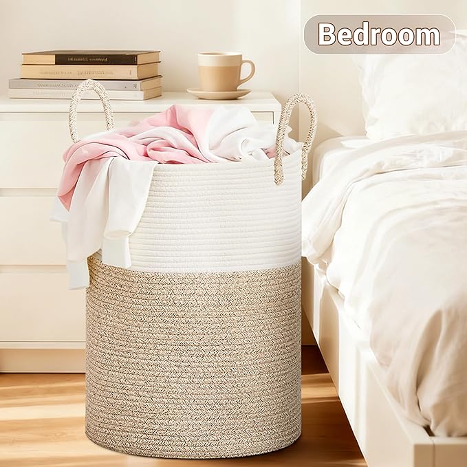 SunNewt Tall Laundry Basket with Handles, 100L Portable Dirty Clothes Hamper, Boho Cotton Rope Storage Bin for Blankets Kids Toys Gifts, Extra Large Organizer for Baby Nursery Bedroom Bathroom, Brown