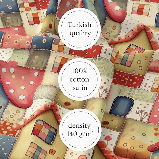 Cottage House Patchwork Cotton Fabric – Premium Turkish Printed Cotton 140 GSM, Pre-Cut 61 x 36.6 Inches, Quilting & Sewing Fabric for Crafts, Nursery Decor & DIY Projects