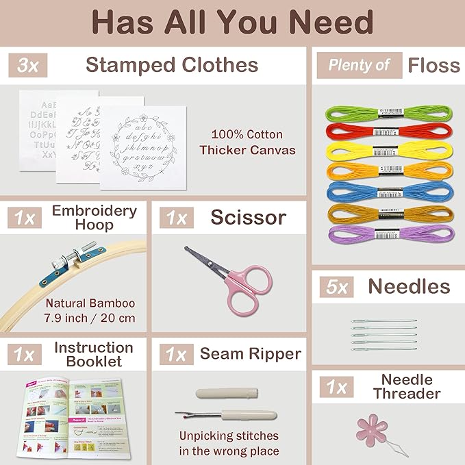 Bradove 3 Sets Alphabet Letter Practice Embroidery Kit for Beginners Adults Kids, Learn to Embroider Kit Adult Beginners