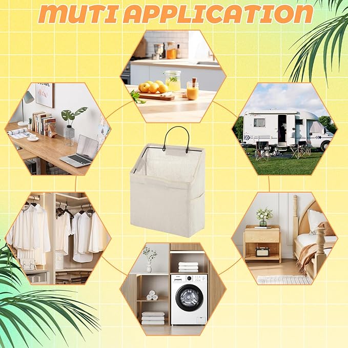 STARVAST 8Pcs Wall-Hanging Storage Bags, Desktop Organizer Basket, Door Organizer Basket, Bathroom Closet Hanging Storage Bag Waterproof Linen Cotton for Kitchen, Bedroom, Living Room, 8Hooks(White)