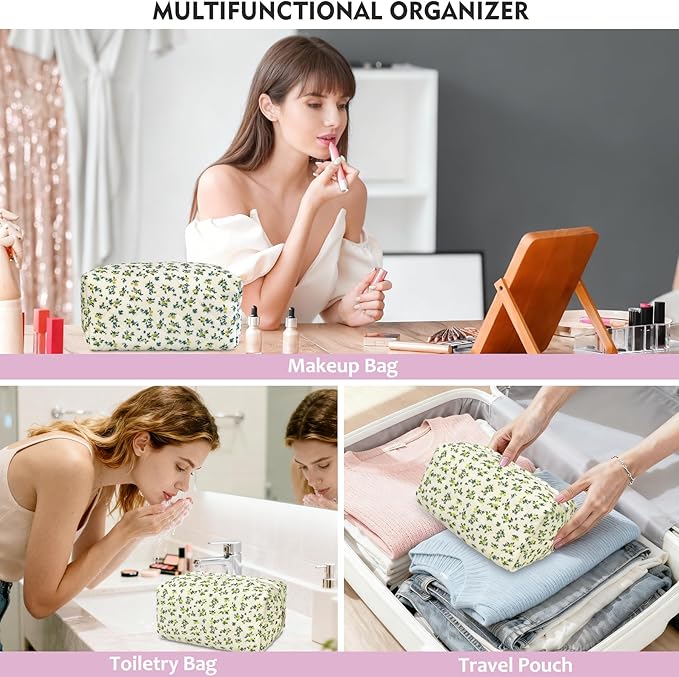 STARDW Cute Quilted Floral Makeup Bag for Women, Large Capacity Travel Toiletry Bag with Zipper and Canvas Lining