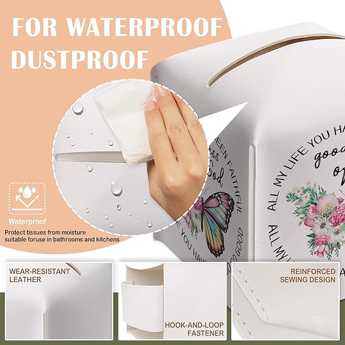 Butterfly Decorative Tissue Box Cover Square, Leather Tissue Box Dispenser, Christian Inspirational Quote Gift Ideas for Friends, Goodness of God, Bathroom Office Decor-(5.2 Inches)