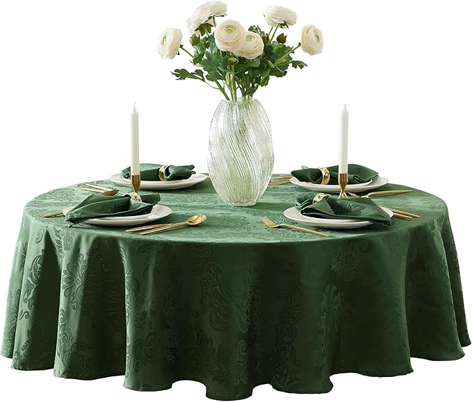 Newbridge Barcelona Damask Fabric Tablecloth, 70 Inch Round, Hunter Green – No Iron, Soil Resistant Table Cover for Dining, Parties and Holidays