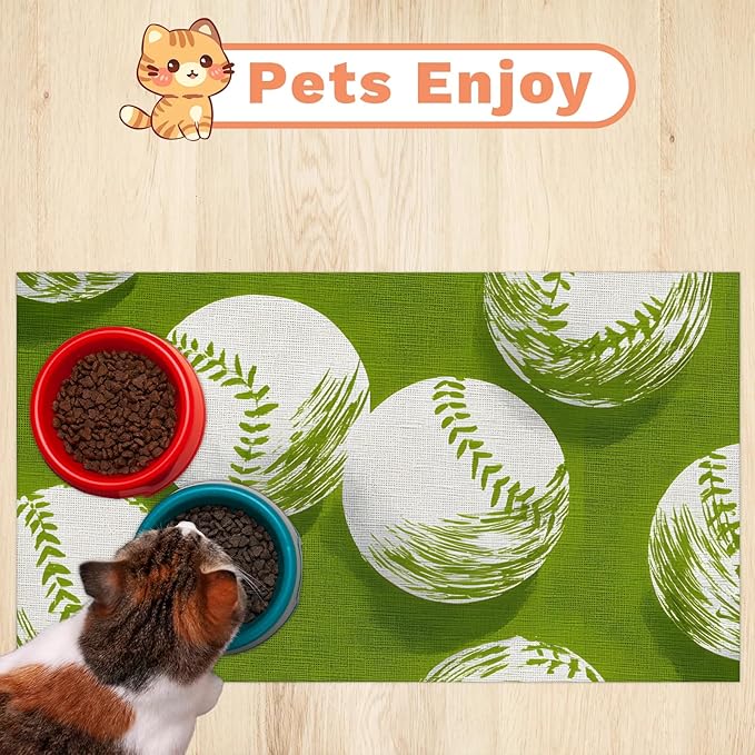 Eizlang Baseball Dog Cat Food Mat,12"x20" Inches Rapid Absorbent Pet Feeding Mat,Green Pets Placemat Water Bowl Mats with Rubber Backing,No Stains Cat Dog Feeding Mats Indoor,Pet Accessories Supplies