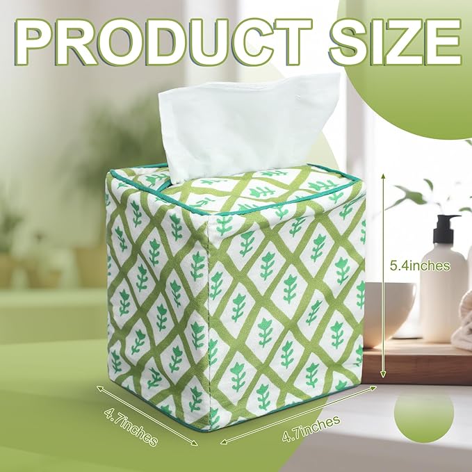 Mimorou Green Color Print Tissue Cover - Floral Print Tissue Box & Decorative Square Napkin Holder Handmade Cotton for Home Bedroom Vanity Countertop Night Stands Office