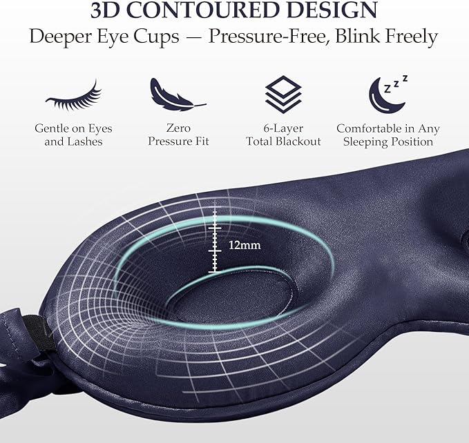 SGMSILK 100% Mulberry Silk Sleep Mask for Unisex, 22 Momme 3D Silk Contoured Eye Mask, Breathable Light Blocking Blindfold with Adjustable Strap, Blackout Eye Cover for Travel, Blue