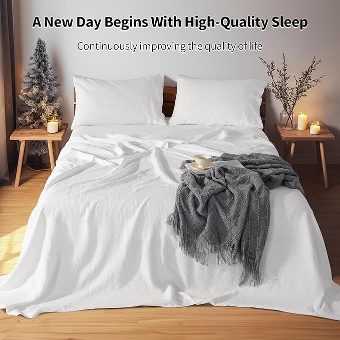 LBRO2M 100% Linen Sheet Set Twin XL Size,Bed Sheets 3 Piece Sets,Solid Color Natural Flax Bed Sheets Soft Breathable Bedding,16" Deep Pocket,All Season (Twin XL, White)