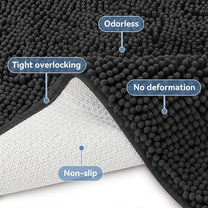 Bcoimo 24"×17" Absorbent Bath Mat, Non-Slip with Backing Chenille Bath Rug and Machine Washable Bathroom Mat Quick-Dry Design. Ideal for Bathroom and Tub Areas