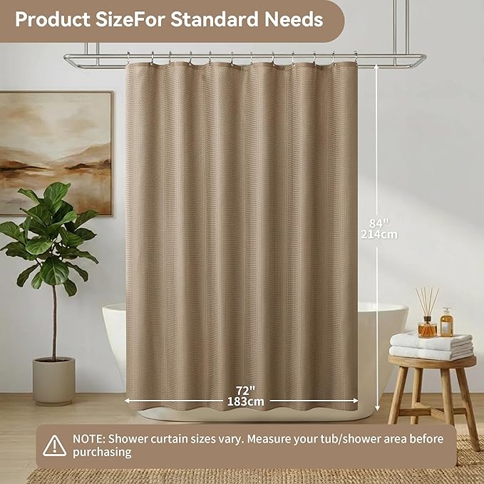 Lameirose 3 in 1 Shower Curtain Set, Waffle Shower Curtain and Liner Set with 12 Double Sided Shower Curtain Hooks, 72 x 84 Fabric Shower Curtains for Bathroom, Beige
