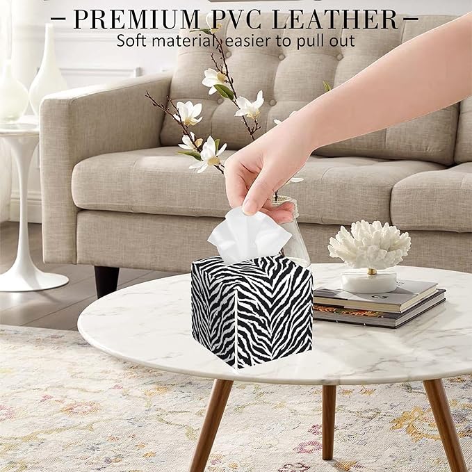 POIUBLE Tissue Box Holder Zebra Print Tissue Box Cover Square Leather Tissue Holder Organizer Portable Decorative Facial Paper Case for Home Office Bathroom Vanity Countertop