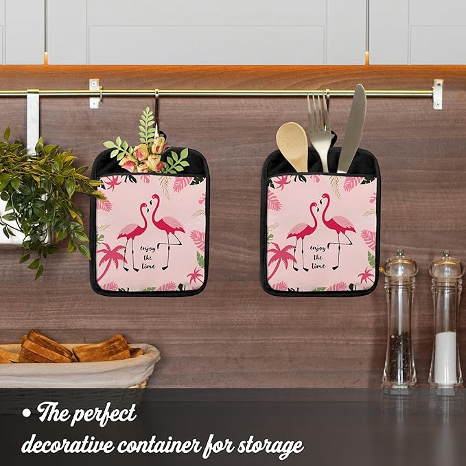 Pink Flamingo Pot Holders with Pockets, Tropical Flamingo Enjoy The Time Pot Holders Heat Resistant Oven Mitts Hot Pads for Kitchen Baking Cooking