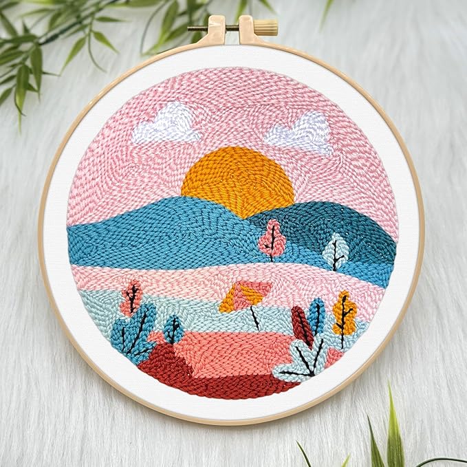 ERKOON Punch Needle Kit Adults Beginners, DIY Easy Landscapes Embroidery Set for Starter Art Craft, Needling Punch Project with Patterns, Tools, Yarns, Hoop, Instruction (Summer)