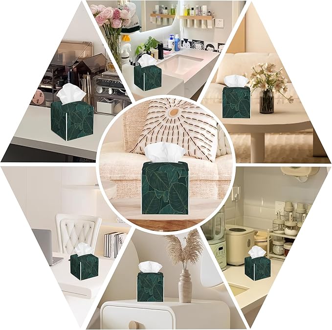 BLYKVGHQ Tropical Green Leaves Tissue Box Cover Square, Golden Line Art Tissue Box Holder with Bottom Belt Leather Facial Paper Organizer Dispenser for Bathroom Bedroom Dresser Night Stand Tabletop
