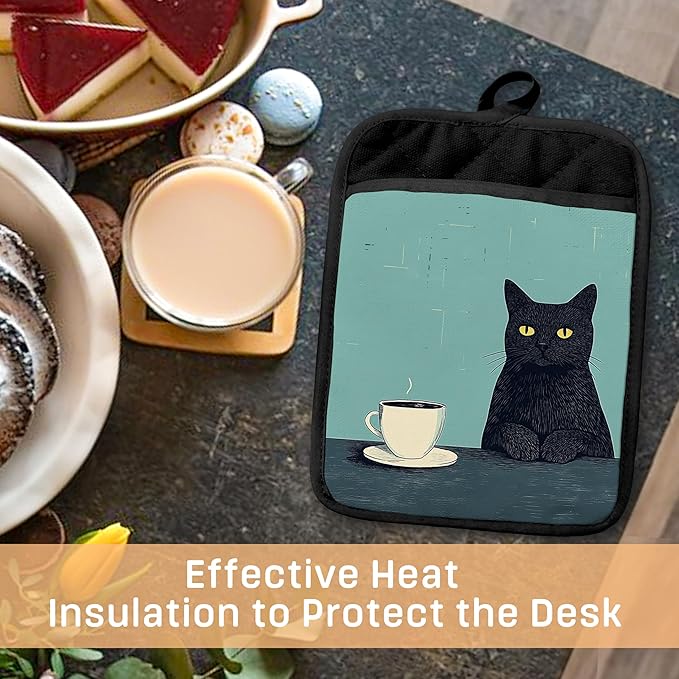 Turquoise Coffee Black Cat Pot Holders with Pockets, Cat Kitchen Decor, Vintage Quirky Black Kitten Oven Pot Holders Heat Resistant Oven Mitts Hot Pads for Kitchen Baking Cooking