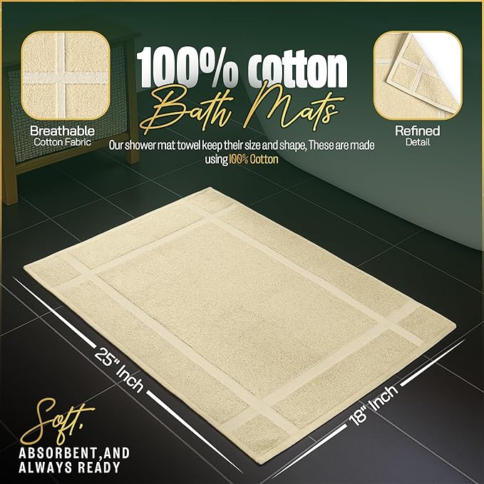 Pearl Linens Pack of 6 100% Cotton Bath Mat 18x25 inches, Soft & Absorbent Quick Dry Bathroom Mat Set, Not Bathroom Rugs, After Shower Mat, Bath Tub Mat, 687 GSM, Machine Washable, Beige
