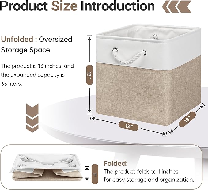 ECDYQXVU 13x13 Inch Cube Storage Bins with Reinforced Bottom Cardboard, 6 Pack Large Foldable Fabric Storage Cubes with Handles for Shelf, Closet, Laundry Organization (White&Khaki)
