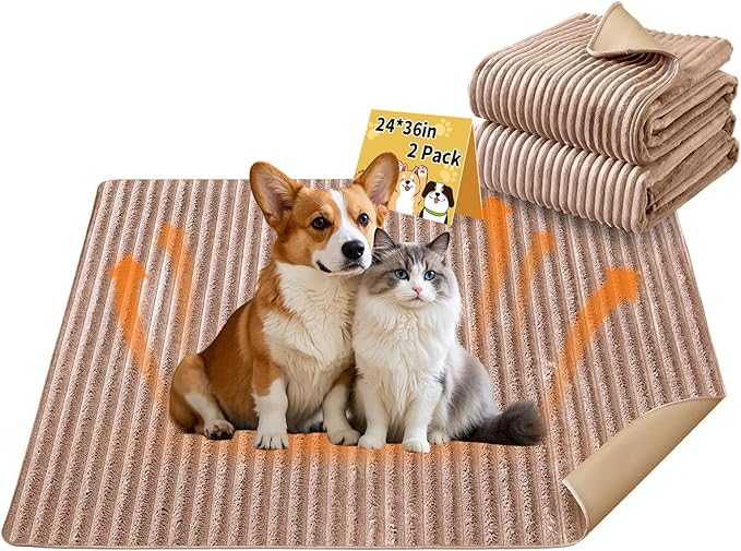 Dog Crate Mat, 2 Pack 24"×36" Flannel Washable Pet Mat for Dogs and Cats, Non-Slip Pet Pad for Kennel Training, Absorbs Urine and Waterproof Pad for Sofa Bed Crate Kennel Car Seat Floor（Khaki）