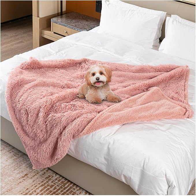 Wowchine Waterproof Dog Blanket Pink Fluffy Long Faux Fur Pet Throw Blankets 28x20in for Couch Love Bed Cover Washable(Pink,XS)