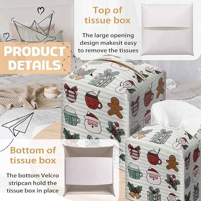 Merry Christmas Tissue Box Holder, Cute Santa Bow Leather Tissue Box Cover Square, Paper Facial Decorative Tissues Cover for Night Stands Bathroom Kitchen Office Home Decor-B30