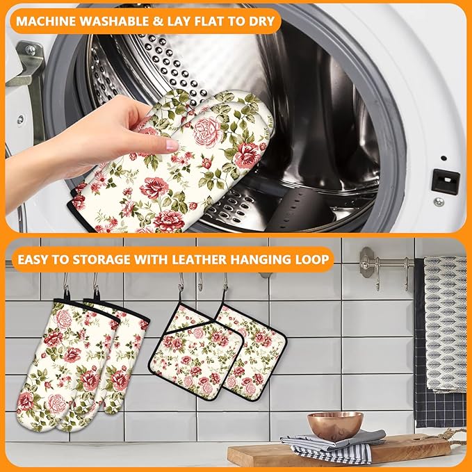 Red Rose Oven Mitts and Pot Holders Sets 4Pcs,Extra Long Oven Gloves Potholder for Kitchen Cooking Baking BBQ 100% Cotton Heat Resistant