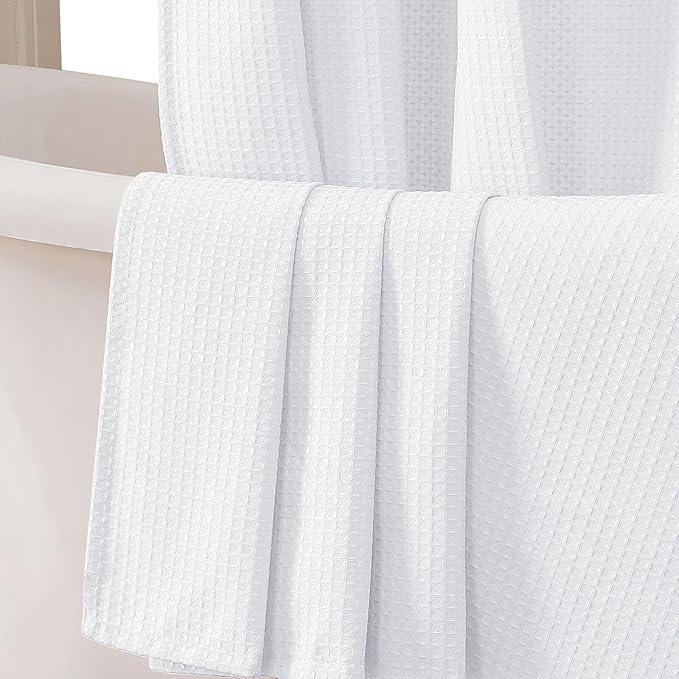 OWENIE White Shower Curtain, Waffle Weave Heavy Fabric Shower Curtain for Bathroom, Waterproof Thick Textured 420G/M Soft Elegant Luxury Hotel Spa Bath Curtains, Machine Washable, White, 72W x 72L