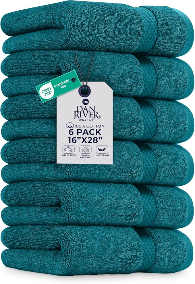 DAN RIVER 6-Pack Premium Hand Towels (16x28 Inches) - 100% Cotton, Ultra Soft, Lightweight, Highly Absorbent Towels for Bathroom, Spa, Gym, Salon, Hotel, and Travel - Teal