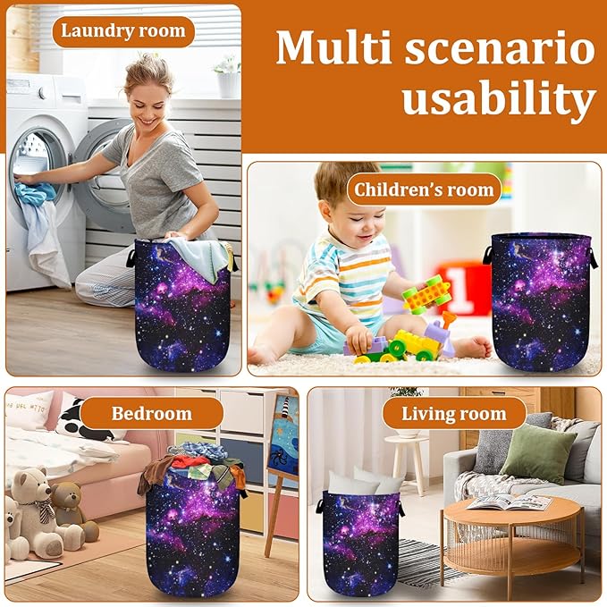 Purple Starry Sky Laundry Basket with Sturdy Handles, Galaxy Collapsible Oxford Cloth Laundry Hamper Organizer Basket for Bathroom Bedroom 15.7x20 Inch