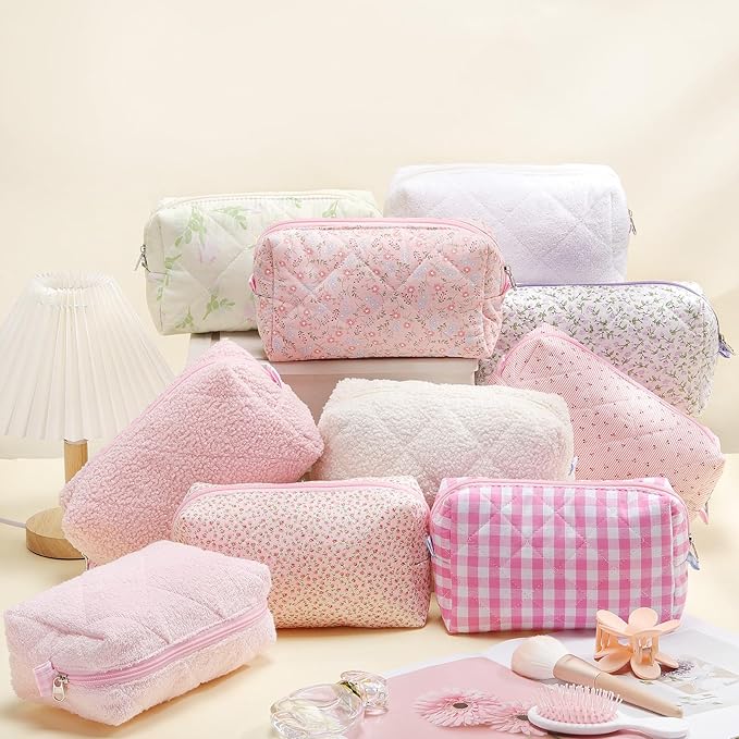 Paterr 10 Pcs Quilted Makeup Bag Bulk Cotton Floral Cosmetic Bag Women Girls Bridesmaid Gifts Cute Makeup Pouch Coquette Aesthetic Travel Toiletry Organizer(Purple Floral,7.87 x 4.72 x 3.15 Inches)