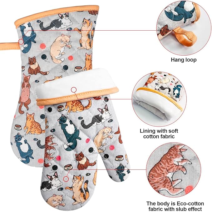Oven Mitts and Pot Holders with Chef Apron,Set of 5 Heat Resistant Kitchen Gloves and Silicone Non-Slip Potholders Adjustable Neck Buckle Chef Apron, Cotton Nice Design for Cooking (Cat)