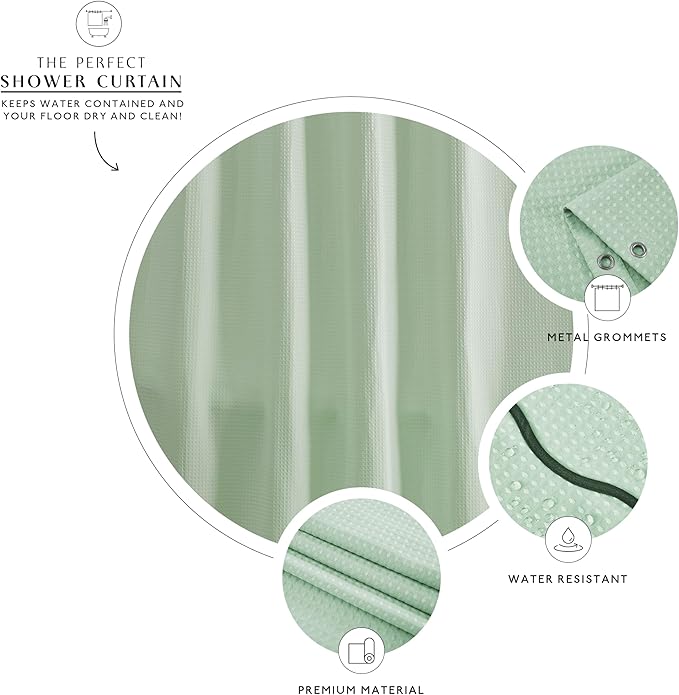 MONDAY MOOSE Scalloped Waffle Weave Shower Curtain with Rustproof Metal Grommet Holes for Bathroom, Machine Washable, Hooks Included (72x72 inch, Dark Green/Light Sage)
