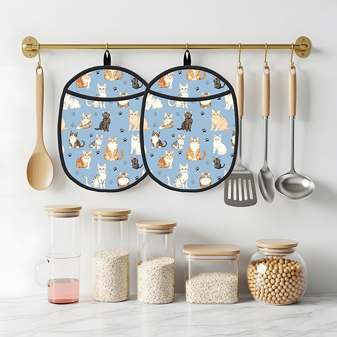 Pot Holders 2 Pack Silicone, Cotton Lining, Heat Resistant to 500°F (260°C), Non-Slip Grip, 7.5"x9.4" Oval Kitchen Hot Pads for Oven, Cooking (Cat, Potholders)