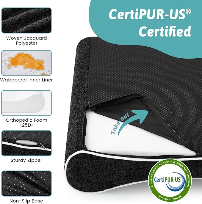 COZY KISS Orthopedic Dog Bed for Large Dogs up to 90 lbs - Removable Washable Cover with Waterproof Lining & Non-Skid Bottom, Cotton-Polyester Blend Boat-Shaped Lounger Mattress, L(45x30x6in), Black