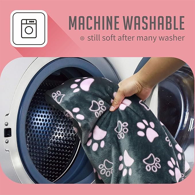 Gowyeg Dog Blankets for Large Dogs,Washable Pet Blanket, Soft Crate Bed with Paw Pattern for Kennel/Couch, Grey & Pink 80x60 Inch