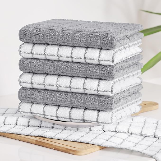 Homaxy Premium Cotton Kitchen Towels 16"x 28", Large Natural Ring Spun 390 GSM Dish Towels, Super Absorbent Terry Kitchen Hand Towels, Soft Tea Towels with Hanging Loop, Light Grey Check, 12 Pack